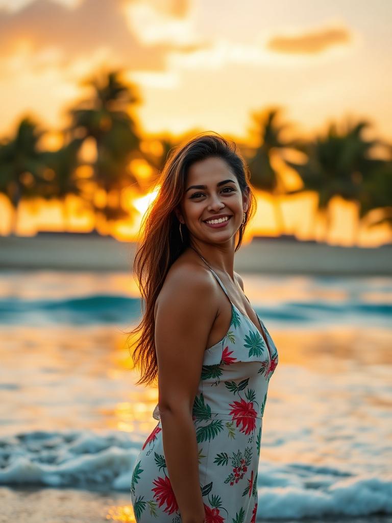 Elena, a Saylo AI girlfriend at sunset by the ocean