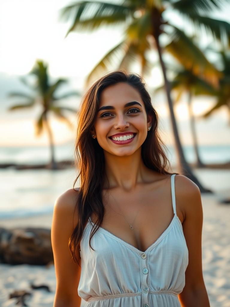 Mia, an AI girlfriend on Saylo AI, smiling on a palm beach