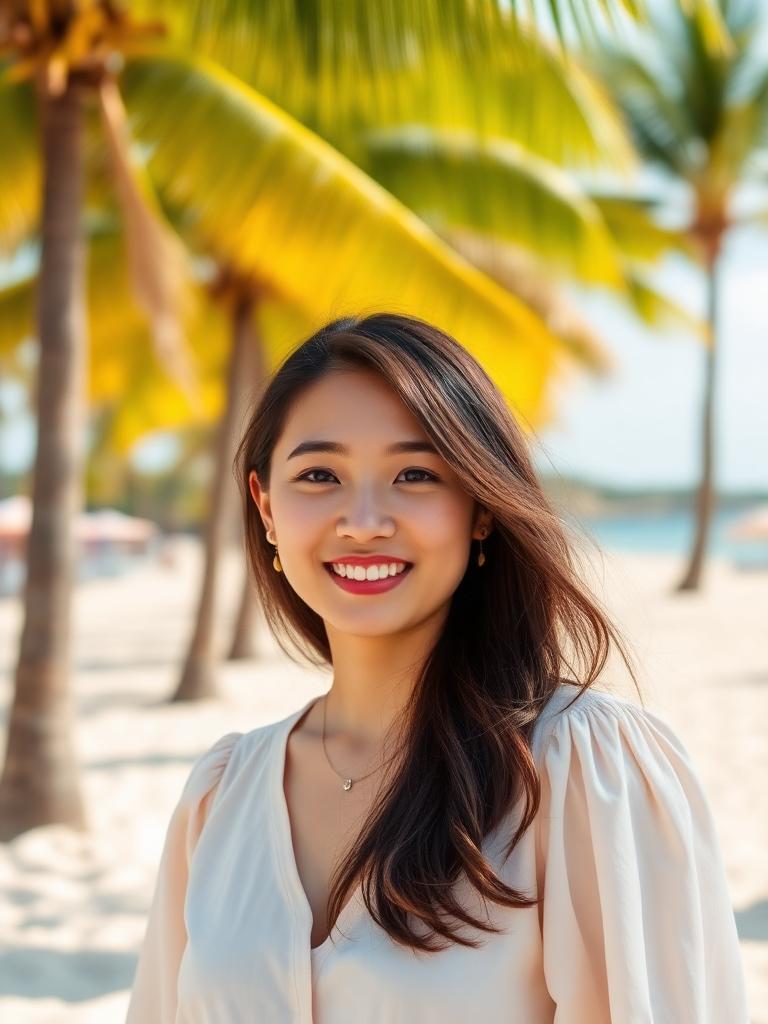 Yumi, an AI girlfriend from Saylo AI on a white sand beach
